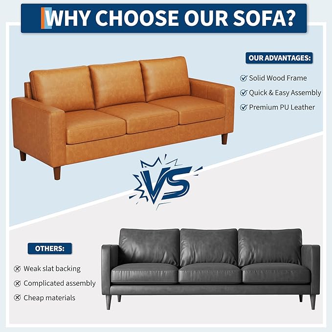 GarveeHome Pu Leather Sofa 85 Mid-Century Modern Couch 3-Seater Sofa with Wide Armrests and Comfy Cushions Deep Seat Leather Couch for Living Room Bedroom Office