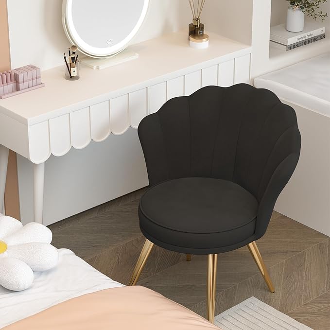 Velvet Accent Chair with Gold Metal Legs Vanity Chair for Makeup Room Upholstered Guest Chair for Living Room for Bedroom Black