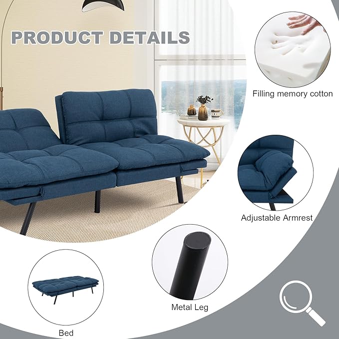 MUUEGM Futon Sofa Bed Convertible CouchMemory Foam Futon Sofa CouchSleeper Futons Sofa CouchesSmall Splitback Modern Loveseat Sofa Bed for Living RoomOfficeApartmentLinen FabricBlue.