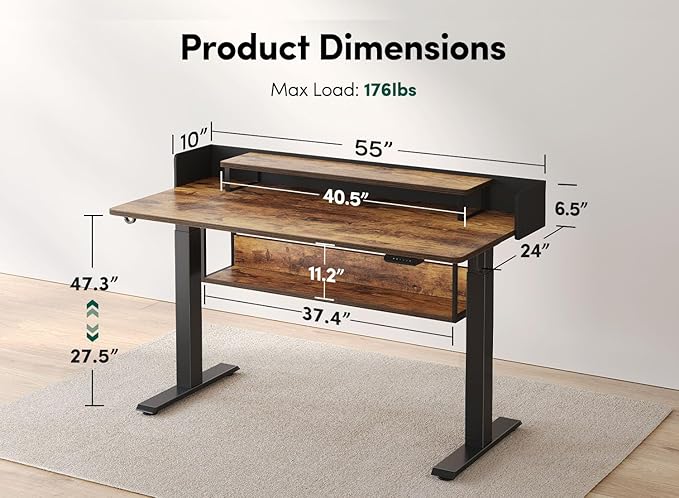 CubiCubi 55 Electric Standing Desk with Under Desk Shelves Sit Stand Rising Computer Desk with Monitor Shelf Home Office Desks with Hooks Adjustable Height Stand Up Workstation Table Rustic Brown