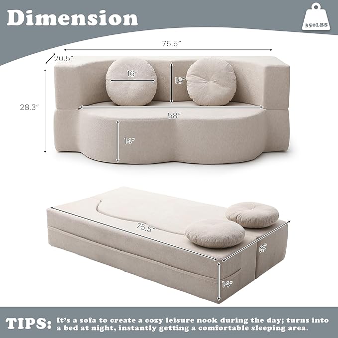 76 Convertible Folding Futon Sofa Bed Queen Sleeper Sofa with Pillow Teddy Fabric Floor &amp Futon Loveseat Couch Foam Folding Mattress Sleeper for Living Room Guest Use Office Apartment(Beige