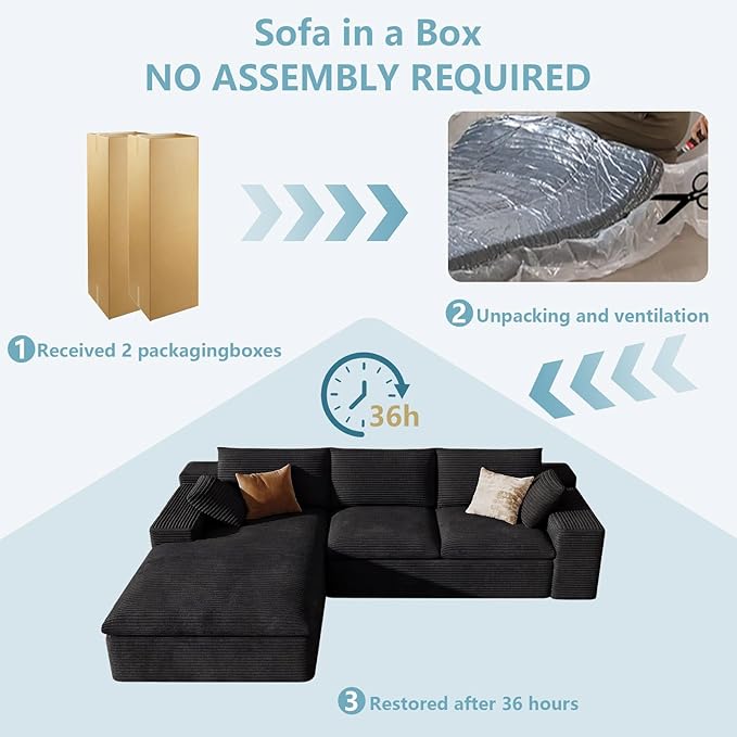 107 Cloud Sectional Couch with L-Shape Chaise Modern Corduroy Viral Boneless Sofa for Living RoomMemory Foam Couches in a Box with Deep SeatNo Assembly Required (BlackLeft-Facing Chaise)