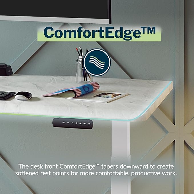 Vari ComfortEdge 60x30 Inch Adjustable Electric Standing Desk – Limited Edition Sit Stand VariDesk with Memory Presets &amp Sloped Front Edge + Tool-Free Assembly (Marble/White Legs)