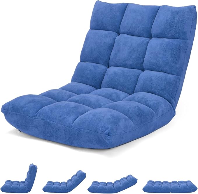 S AFSTAR Cushioned Floor Chair 14-Position Adjustable Padded Lazy Recliner with Comfortable Back Support and Skin-Friendly Cover Great for Reading Playing Game Meditating (Blue)