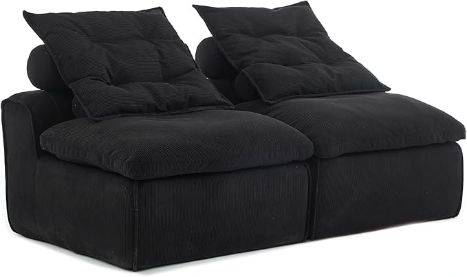 JUSTONE Modular Floor Sofa 2-Seater Armless Chair with Neck Pillow Soft Corduroy Fabric for Living Room Apartment Guest Room Black