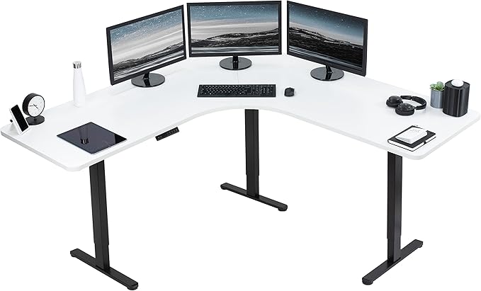 VIVO Electric Height Adjustable 71 x 71 inch Curved Corner Stand Up Desk White Table Top Black Frame Memory Controller L-Shaped Workstation E3C Series DESK-KIT-E3CBW