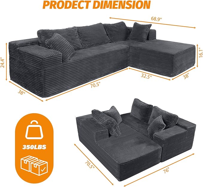108” Modular Sectional Couches Sofa Oversized L-Shape Cloud Couch with Deep Seat Comfy Memory Foam Modern Boneless Couch for Living Room No Assembly Required