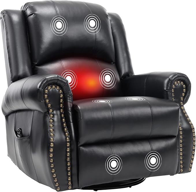 PELUMY Breathable Leather Swivel Rocking Recliner Chair for Adults 360° Swivel Glider Rocker with Heat &amp Vibrating Massage Lounge Chair for Living Room Bedroom Nursery (Black)
