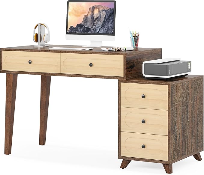Tribesigns 51-Inch Computer Desk with 5 Drawers Rustic Brown Office Desk with Reversible Drawer Cabinet Wooden Study Writing Table Workstation with Storage for Small Spaces
