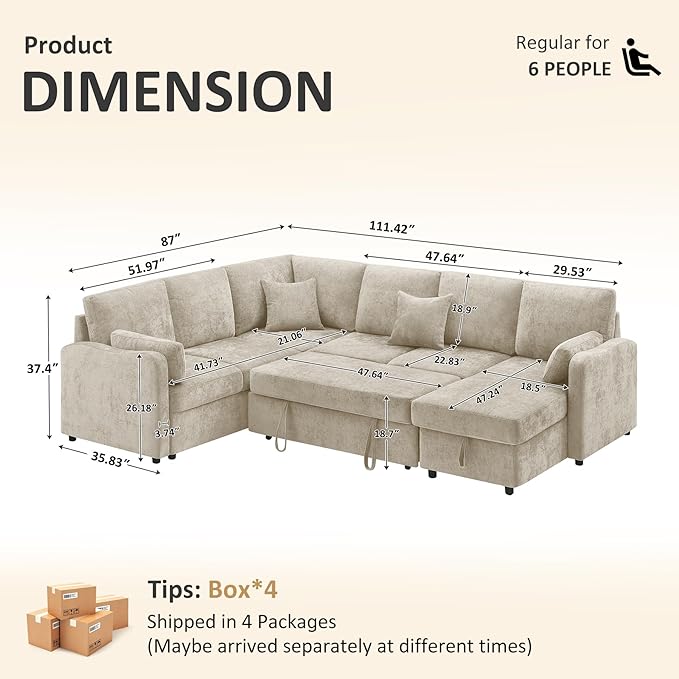 111'' Modular Sectional Sofa with Pull Out Bed U Shaped 6 Seat Sleeper Couch with Storage Chaise Modern Sectional Couch Cloud Chenille Sofa Bed for Living Room Apartment Office Camel