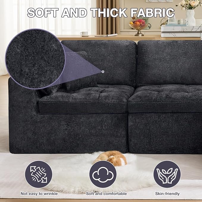 110 Cloud Sectional Couch for Living Room Upholstered L-Shape Modular Sofa with Movable Ottoman 3-Seater Deep-Seat Foam Couch Comfortable Convertible Sectional for Home &amp Apartment（Black）