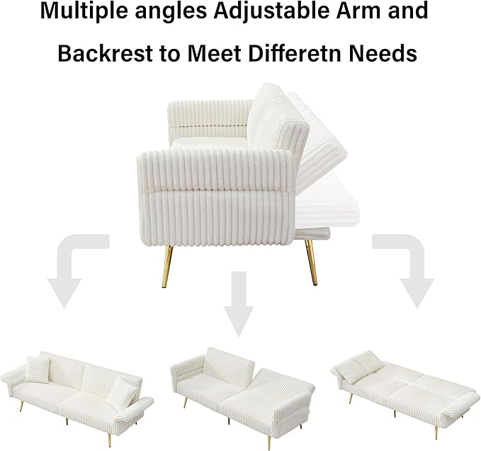 White 79 Convertible Futon Sofa Bed with Adjustable Backrest &amp Armrests Modern Corduroy Folding Loveseat Sleeper Couches with Two Soft Pillows for Living Room Apartment Office (White)