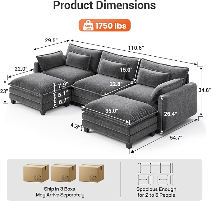 Pipishell Sectional Couches for Living Room 110.6 U-Shaped Modular Sectional Sofa 5-Seat Chenille Deep Seat Cloud Couch with 2 Movable Ottomans &amp Throw Pillows Grey