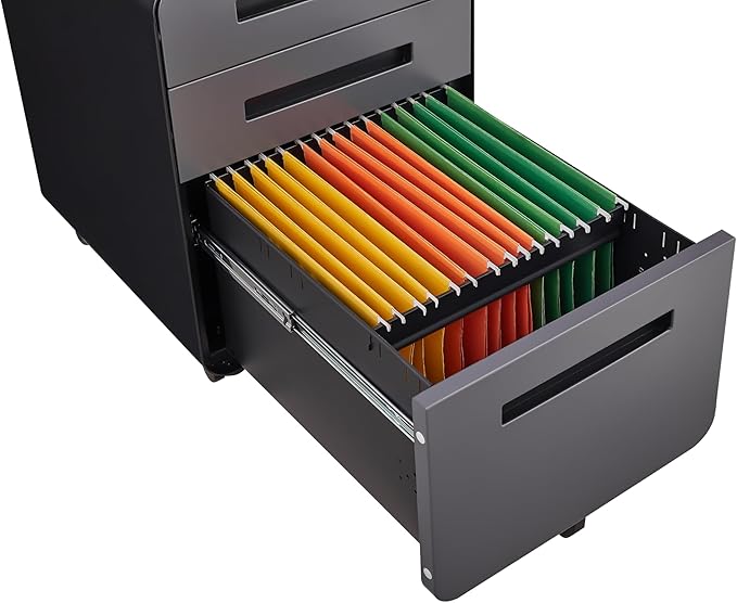 3 Drawer Small File Cabinet with Lock Under Desk Locking Storage Cabinet Organizer for Home Office Mobile Filing Cabinets with 5-Wheel DesignDarkgrey
