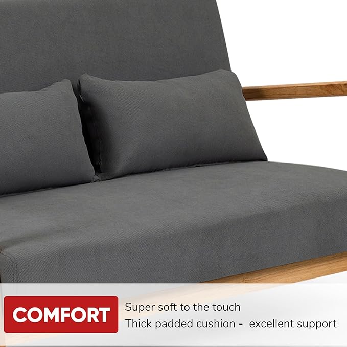 JOYBASE Loveseat Sofa for Small Space Mid-Century Modern Wood Love Seat Couch Sofa with Armrests for Living Room Apartment Office Bedroom (Dark Grey Fabric)
