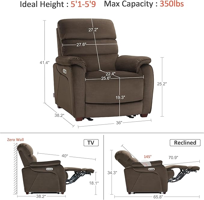 MCombo Power Zero Wall Hugger Recliner Chair for Small Space RV Living Room Power Recliner with Adjustable Headrest USB &amp USB-C Charging Ports Fabric ST257 (Coffee)