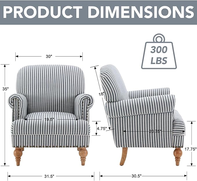 Blue Striped Linen Fabric Accent Chair Coastal Upholstered Armchair with Nailhead Trim &amp Ball Turned Wood Legs Modern Farmhouse Club Chair for Living Room Bedroom Guest Room