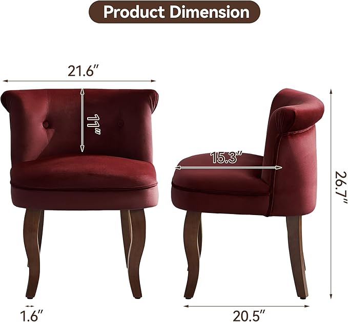 Velvet Vanity Chair with Solid Wood Legs Tufted Upholstered Vanity Stool with Back Mid Century Small Makeup Accent Chair for Bedroom Living Room Burgundy
