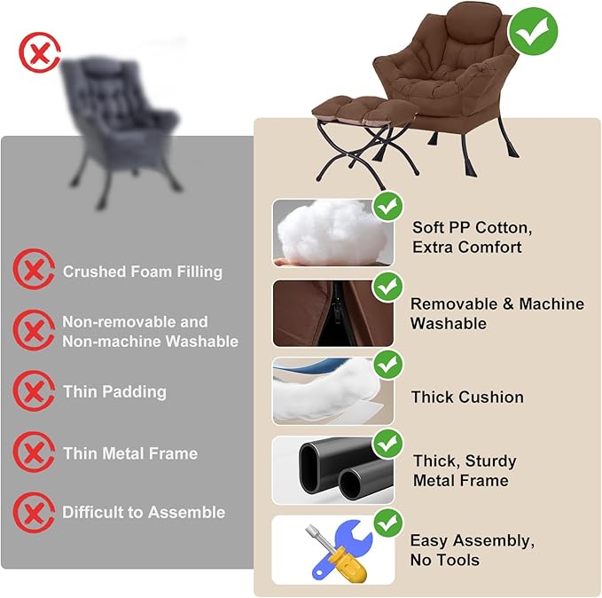 Lazy Chair with Ottoman Modern Accent Chairs with Folding Footrest Dark Brown Sofa Chair Set Comfortable Reading Chairs Oversized Armchairs for Bedroom Study Living Room Courtyard