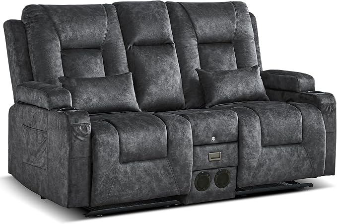 URRED Manual Reclining Loveseat Sofa with Console Double Recliner RV Couch with Bluetooth Speakers USB &amp Power Outlet Cup Holders Pillow and Side Pocket for Home Theater Velvet Grey
