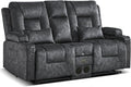 URRED Manual Reclining Loveseat Sofa with Console Double Recliner RV Couch with Bluetooth Speakers USB &amp Power Outlet Cup Holders Pillow and Side Pocket for Home Theater Velvet Grey