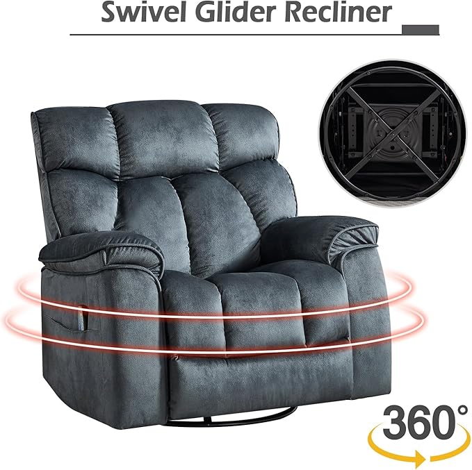 INZOY Oversized Rocker Recliner with Heat and Vibration Manual Swivel Rocking Recliner Chair with Vibrating Massage Comfy Padded Overstuffed Soft Fabric Heated Recliner Grey