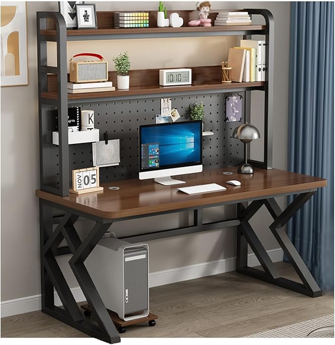 63.0in Computer Desk with Pegboard Gaming Desk with Storage Shelves PC Gamer Workstation Desk Modern Study Writing Table for Home Office Bedroom (Brown 63.0in/160cm)