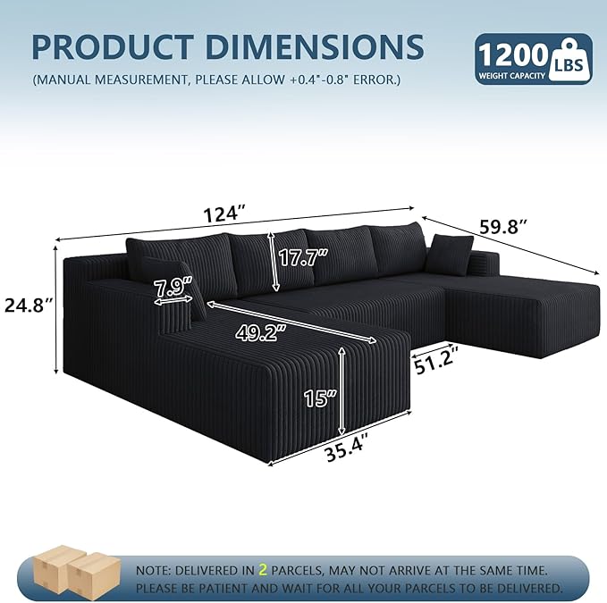 124 Corduroy U-Shaped Sectional Sofa Modern Modular Boneless 4-Seater Couch with 6 Pillows Upholstered Deep Seat DIY Cloud Sofa for Living Room No Assembly Required (Black)