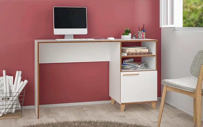 Manhattan Comfort Minetta 53 Inch Office Desk with 2 Open and 1 Concealed Shelf Mid Century Modern Computer Table with Metallic Hinges and Solid Wood Splayed Legs  White