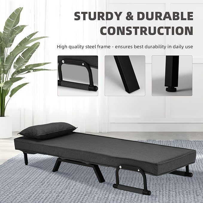 Folding Sofa Bed Sleeper Chair3-in-1 Single Convertible Sofa with Adjustable BackrestLazy Bed Leisure Recliner with PillowTri-fold Upholstered Armchair (Dark Gray Large)