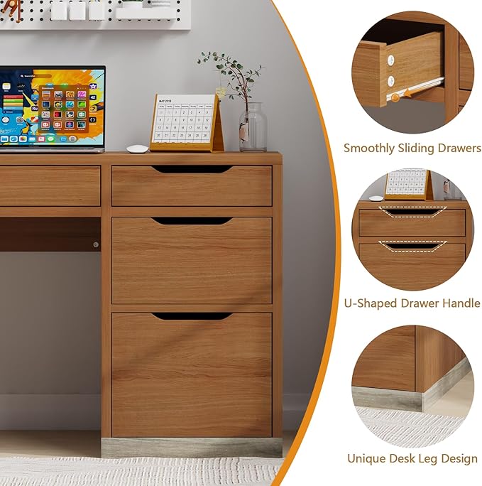 Small Desk with Drawers 52 Inch Computer Desk with Storage Home Office Desk with Filing Drawer for Bedroom Brown