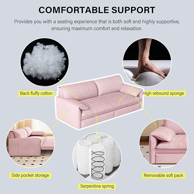 Cilee 66 Folding Sofa Bed 3-in-1 Convertible Loveseat Sleeper Sofa Pull Out Futon Sofa Bed Comfy Floor Couch with Storage Pocket Love Seats Furniture for Living Room Velvet Pink
