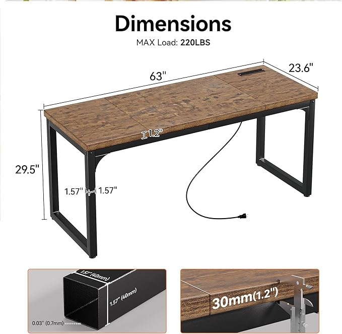 Computer Desk with Power Outlets 63 Inch Large Home Office Desk with Deeper &amp Thicker Desktop Modern Gaming Desk Study Writing Work Desk Metal Frame Rustic Brown