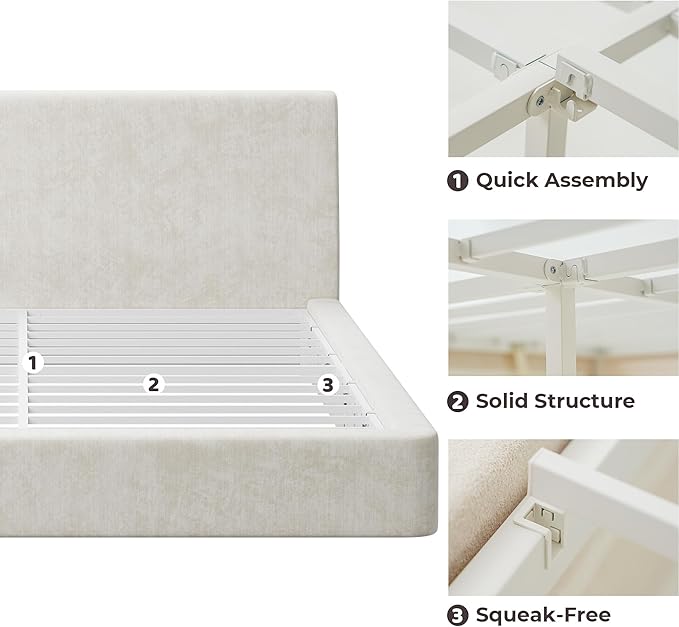 RECCI AirFrame Full Size Bed Frame with Ergonomic Angled Foam Cushioned Headboard Minimalist Design Platform Bed Frame No Box Spring Needed Easy Assembly (Beige Chenille)