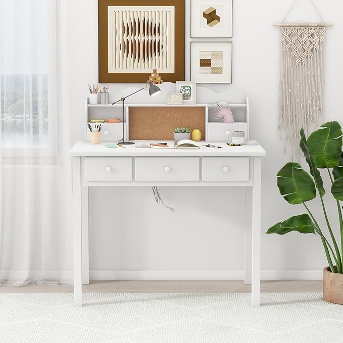 White Writing Desk with Hutch and Drawers 36 Inch Home Office Desk with Charge Station Computer Work Station with Storage Shelf