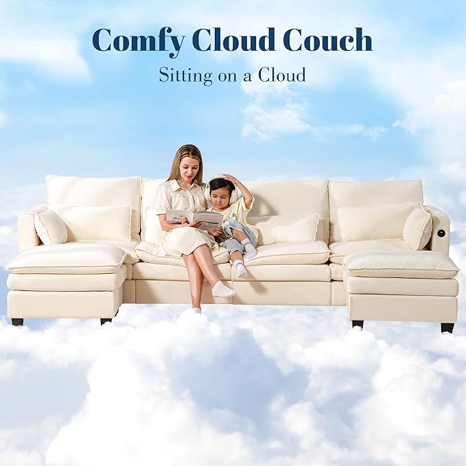 DYHOME l Shaped Sectional Couch with Padded Armrests Modern Modular Sectional Sofa 4 Seat with USB/Type-C Charging Port 27 Inch Deep Seat Chenille Cloud Couch with 6 Pillow for Living Room Bedroom