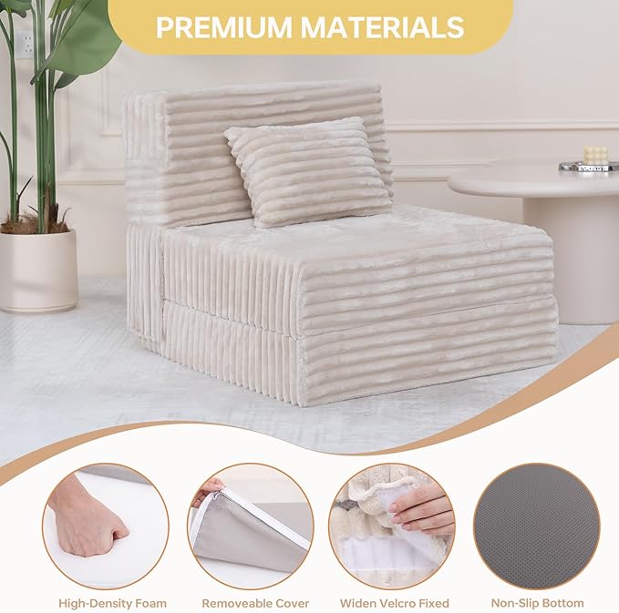 Folding Sofa Bed Single Convertible Futon Chair Bed with Pillow Folding Sofa Sleeper Chair Fold Out Couch Comfortable Foam Floor Couch for Living Room Bedroom Dorm Guest Room Beige
