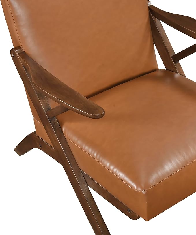 Lexicon Mid Century Modern Accent Chair Faux Leather Upholstered Lounge Seat Brown Finish Solid Wood Framed Comfy Side Chair for Living Room/Bedroom/Office/Waiting Area Brown