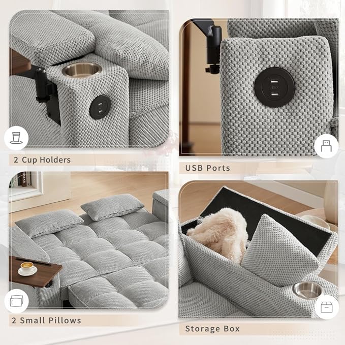 65'' Convertible Sleeper Sofa Bed with Adjustable Backrest Chaise Lounge Side Table &amp USB/Type-C Ports – Stylish &amp Functional Addition to Any Living Room (Fashion Light Grey)