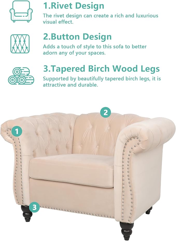 Chesterfield 3 Seater Sofa Sofa Couch with Rolled Arms Tufting Nailhead Trim Large Couch for Living RoomBedroom Office Apartment (Velvet Beige)