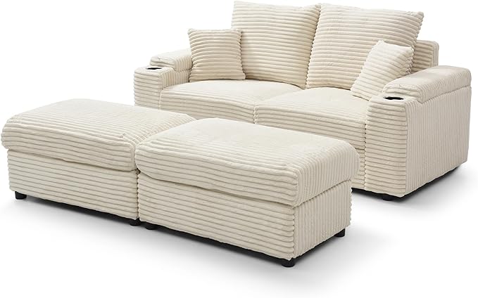 Corduroy Chaise Lounge with Storage Ottoman 70.8'' Comfy Loveseat with Cup Holders Oversized Deep Seat Cloud Couch with Pillows for Living Room (Beige Two Seats)