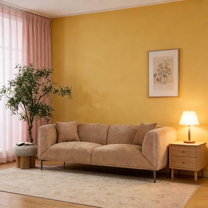 82 Modern Couch Camel Sofa 3 Seater Luxury Boucle Sofas Upholstered Minimalist Sofas with Metal Legs Cloud Deep Seat Curved Couches for Living Room Bedroom Home Office Apartment