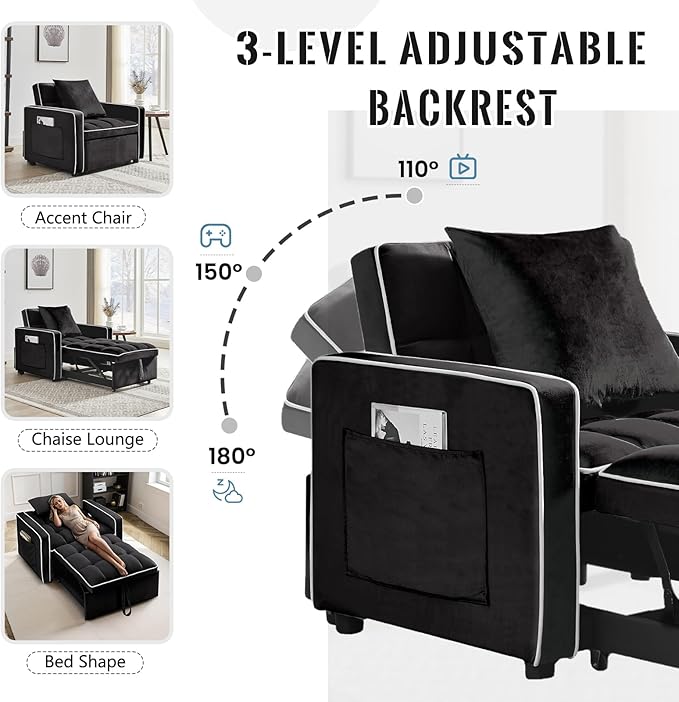 3 in 1 Velvet Sleeper Chair Pull Out Bed Convertible Single Sofa Bed Futon Modern Tufted Chair with Adjustable Backrest Pullout Sleeper Sofa Chair for Bedroom Living Room Indoor Lounge(Black)