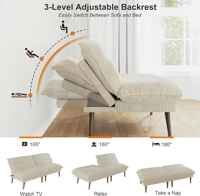LLappuil Futon Sofa Bed 75 Futon Couch with Adjustable Backrest Corduroy Convertible Recliner Sleeper Sofa 4 in 1 Recliner Chair for Small Space Living Room Apartment Guest Room or Office Beige