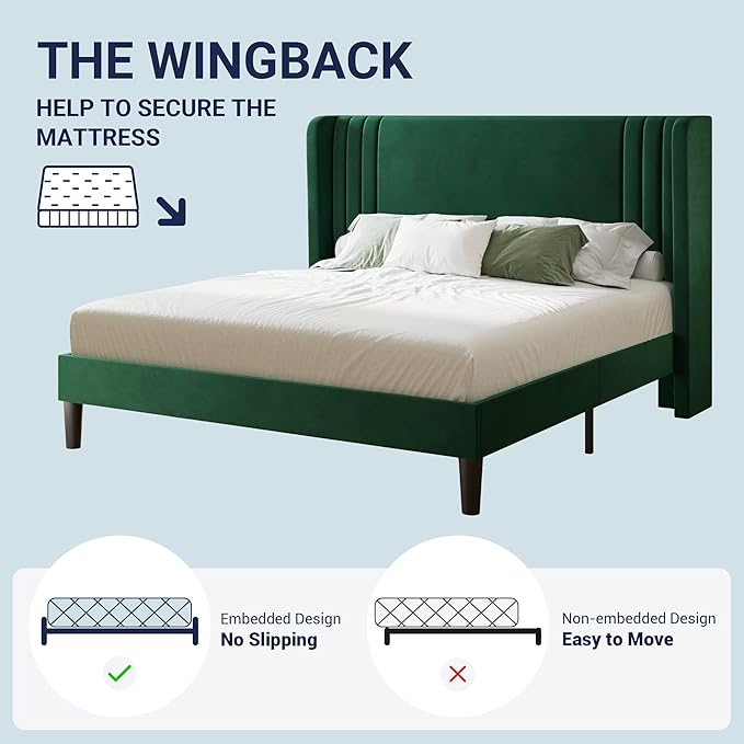 Allewie Full Size Velvet Platform Bed Frame with Vertical Tufted Wingback Headboard Easy Assembly Under Bed Storage No Box Spring Required Modern Style Green