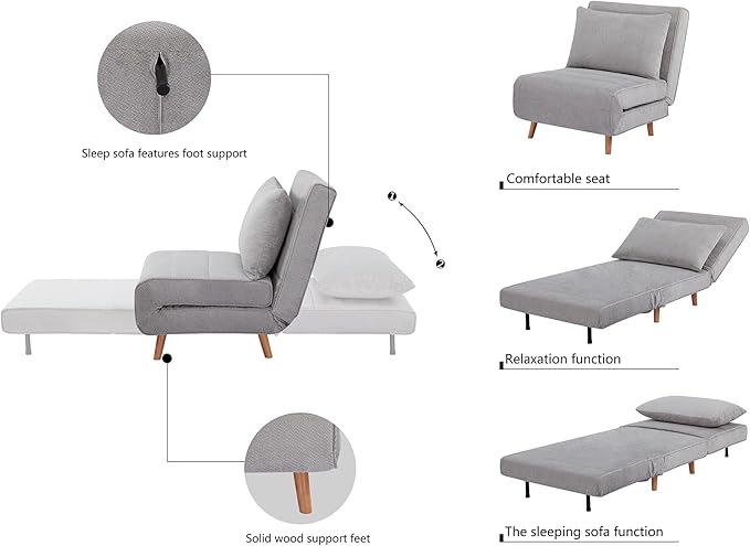 31 Convertible Sleeper Chair 3-in-1 Foldable Chair Bed with Pillow 3-Position Adjustable Backrest Single Sofa Bed for Apartment Office Light Gray