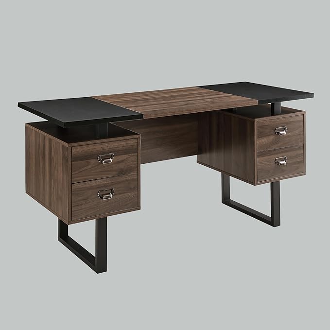 LEEMTORIG Computer Desk with Drawers 59 inch Large PC Gaming Desk Modern Industrial Study Student Writing Table Workstation for Home Office Bedroom Black &amp Walnut Brown CTSZ-20401-WACM