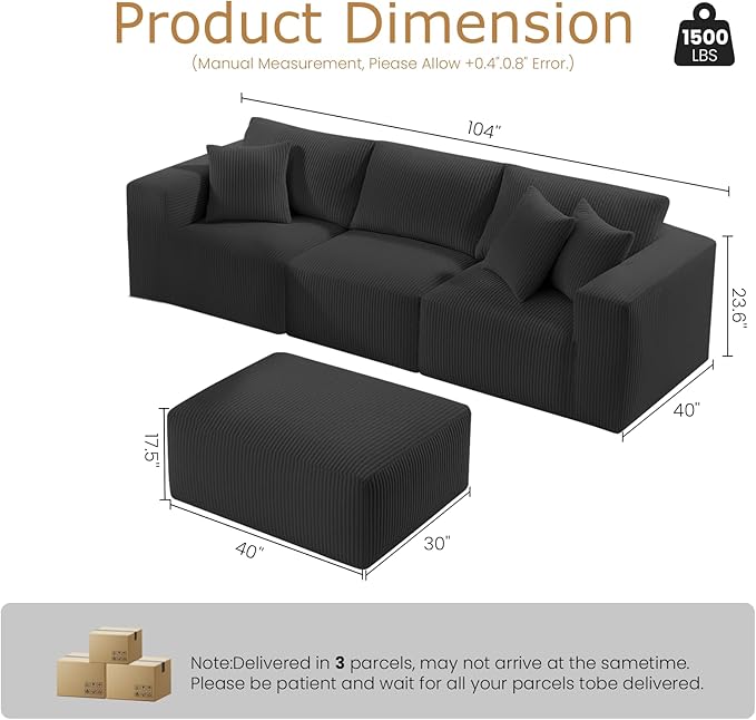 104 Cloud Couch Sectional L Shaped Boneless Couches for Living Room Corduroy Modern Modular Sectional Sofa No Assembly Required (Black L-Shaped)
