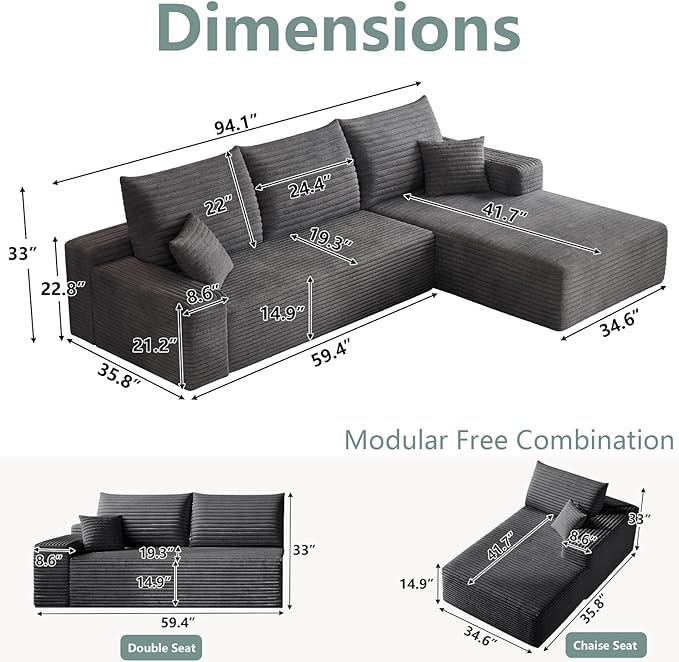 Modular Sectional Sofa Cloud Sectional Couch95Comfy Fluffy L-Shaped Couches for Living RoomDeep Seat Memory Foam Plush Corduroy Boneless Couch Sectionals No Assembly(Dark GrayRight-Facing Chaise)