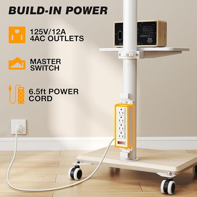 5Rcom Rolling TV Stand with Power Outlet for 32-60 inch TVs Swivel and Height Adjustable Mobile TV Stand with Shelf Strong TV Cart on Wheels up to 88 lbs for Living Room Bedroom and Office White